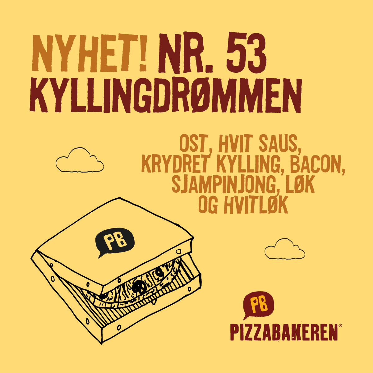 Nyhet! Kyllingdrømmen - pizza med ost, hvit saus, krydret kylling, bacon, sjampinjong, løk og hvitløk.